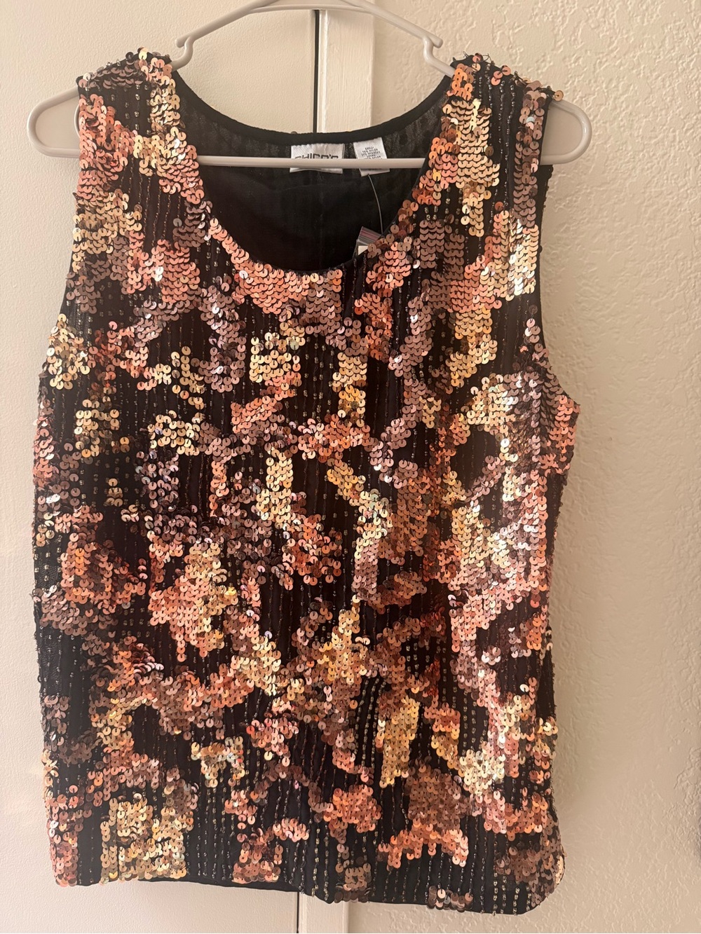 NWT Chico’s Glitz Tank Bronze Sequin Sleeveless Top Black Mesh Size 2 Party